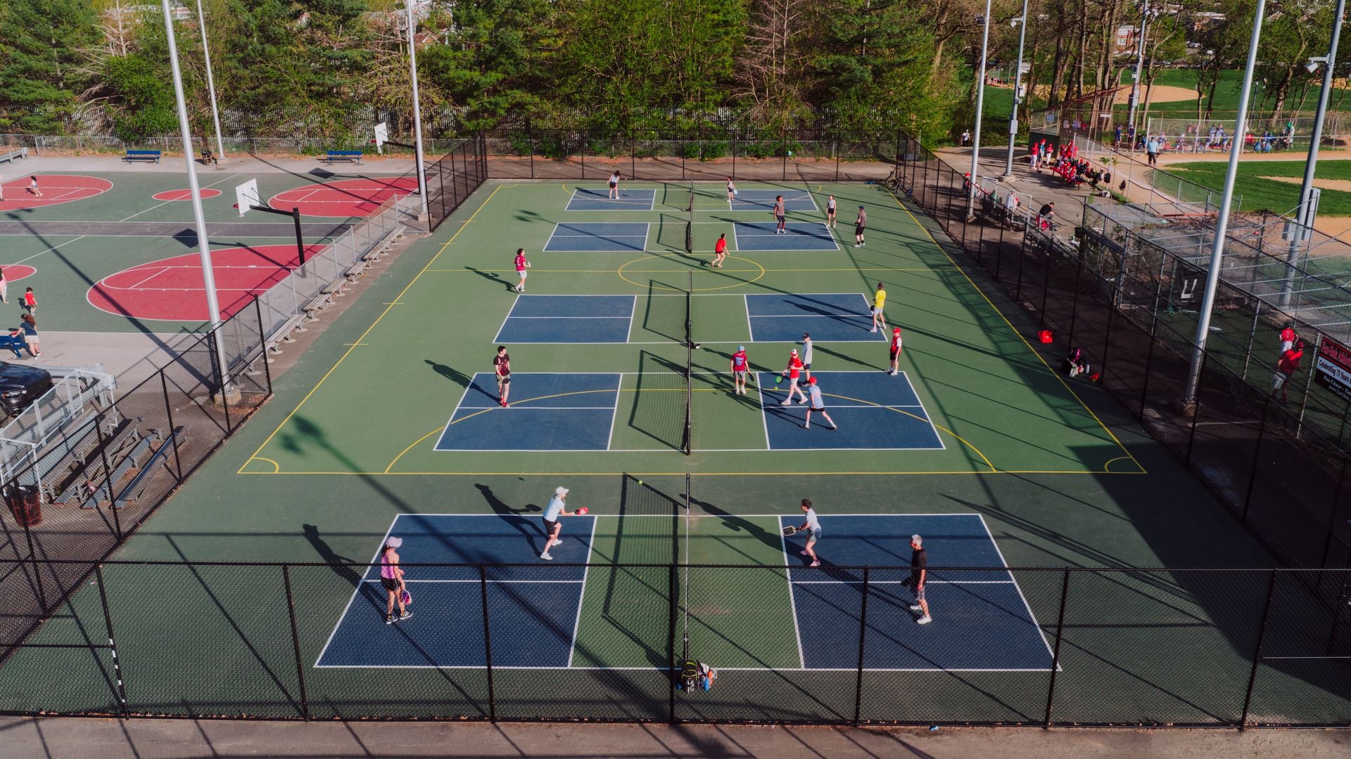 Aerial view of outdoor pickleball courts