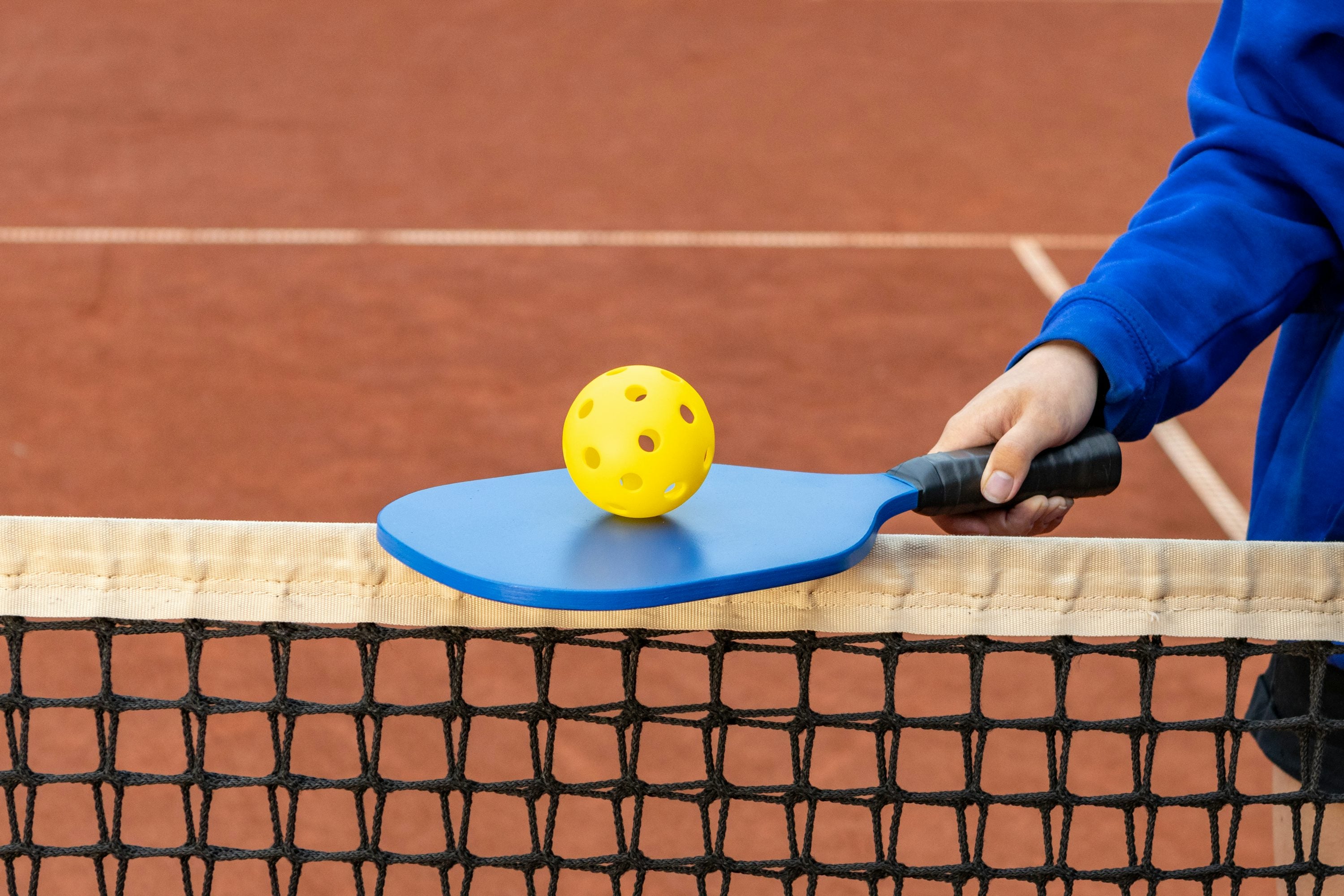 A player holding a pickleball paddle and ball on court