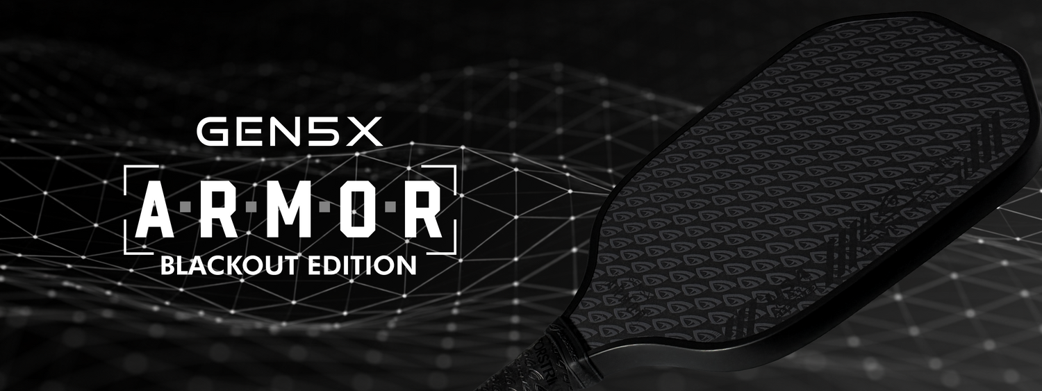 Black pickleball paddle with geometric G pattern, labeled GEN5X ARMOR BLACKOUT EDITION on a digital grid per official pickleball rules.