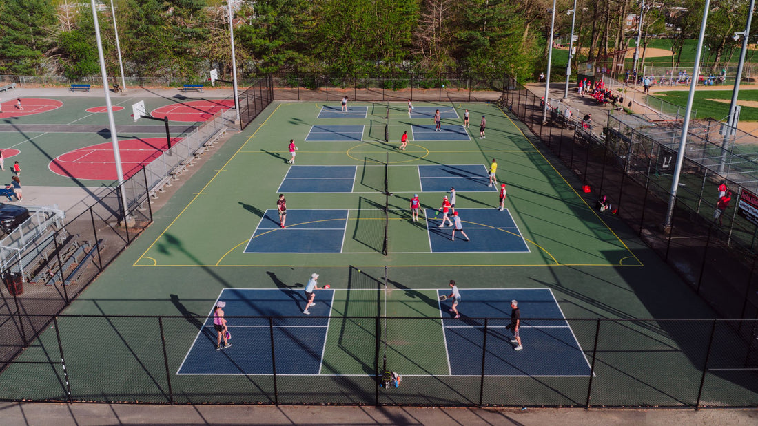 Aerial view of outdoor pickleball courts