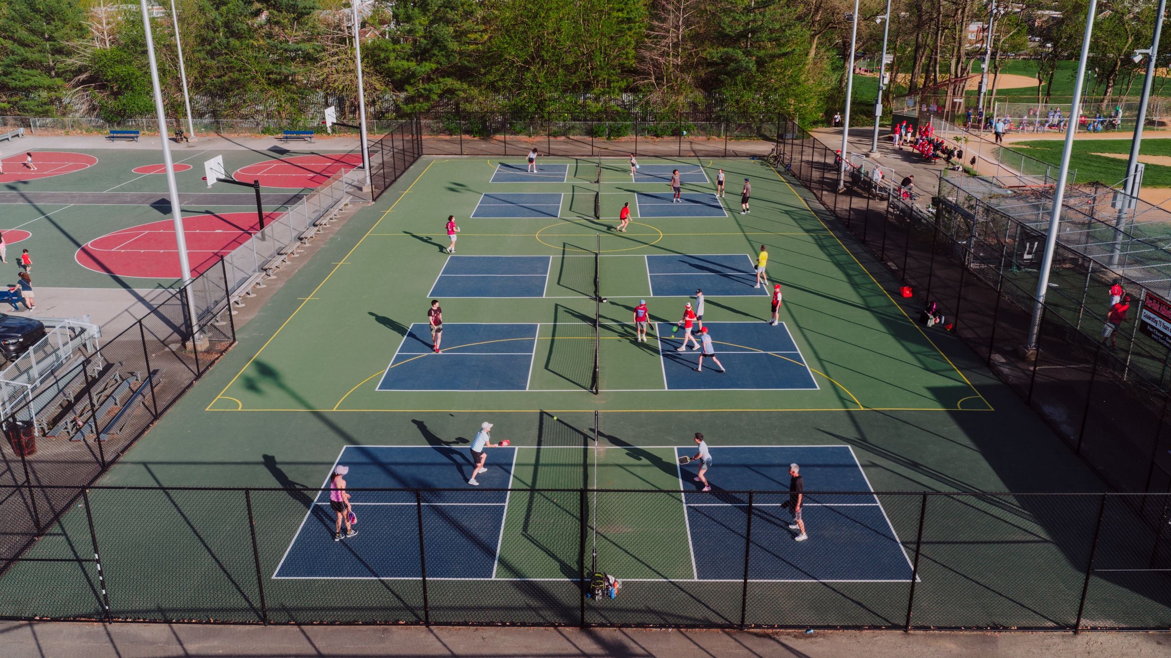 Aerial view of outdoor pickleball courts