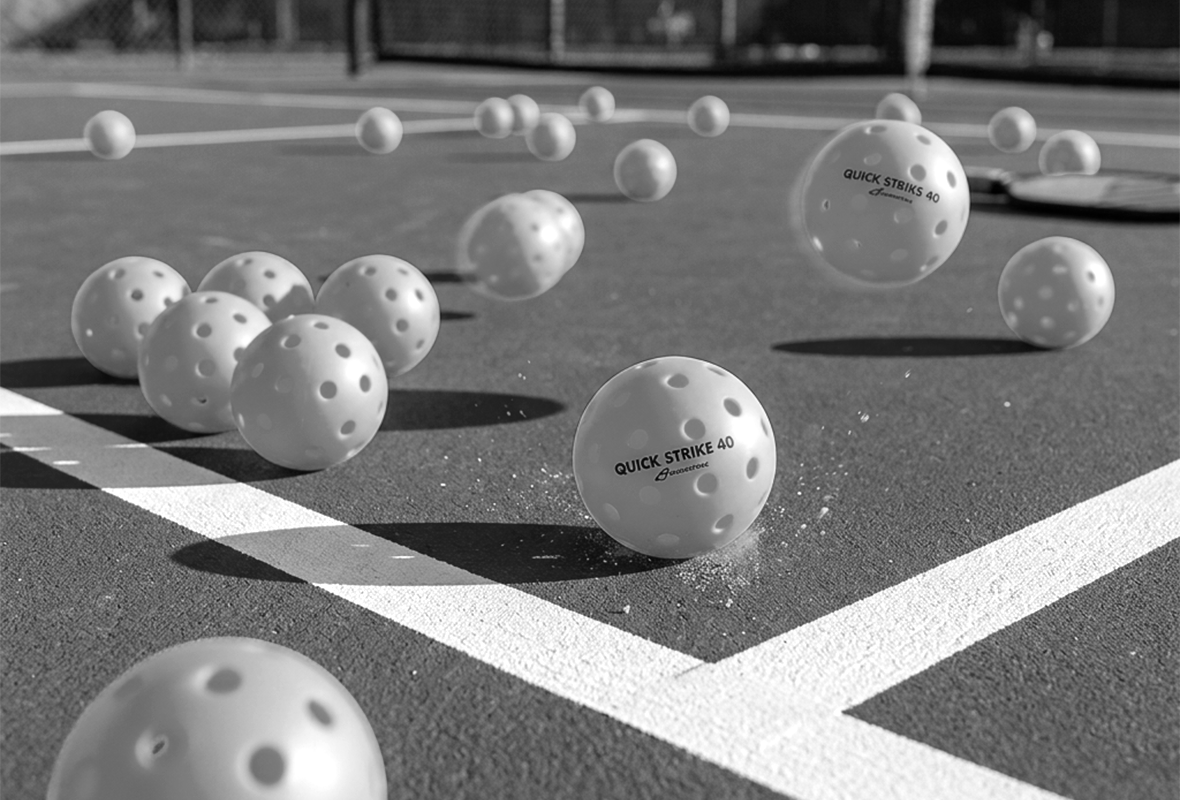 Four perforated plastic balls in pink, orange, yellow, and light green, each labeled “QUICK STRIKE 40 GA ADORSTRIKE,” are arranged in a group on a white background.