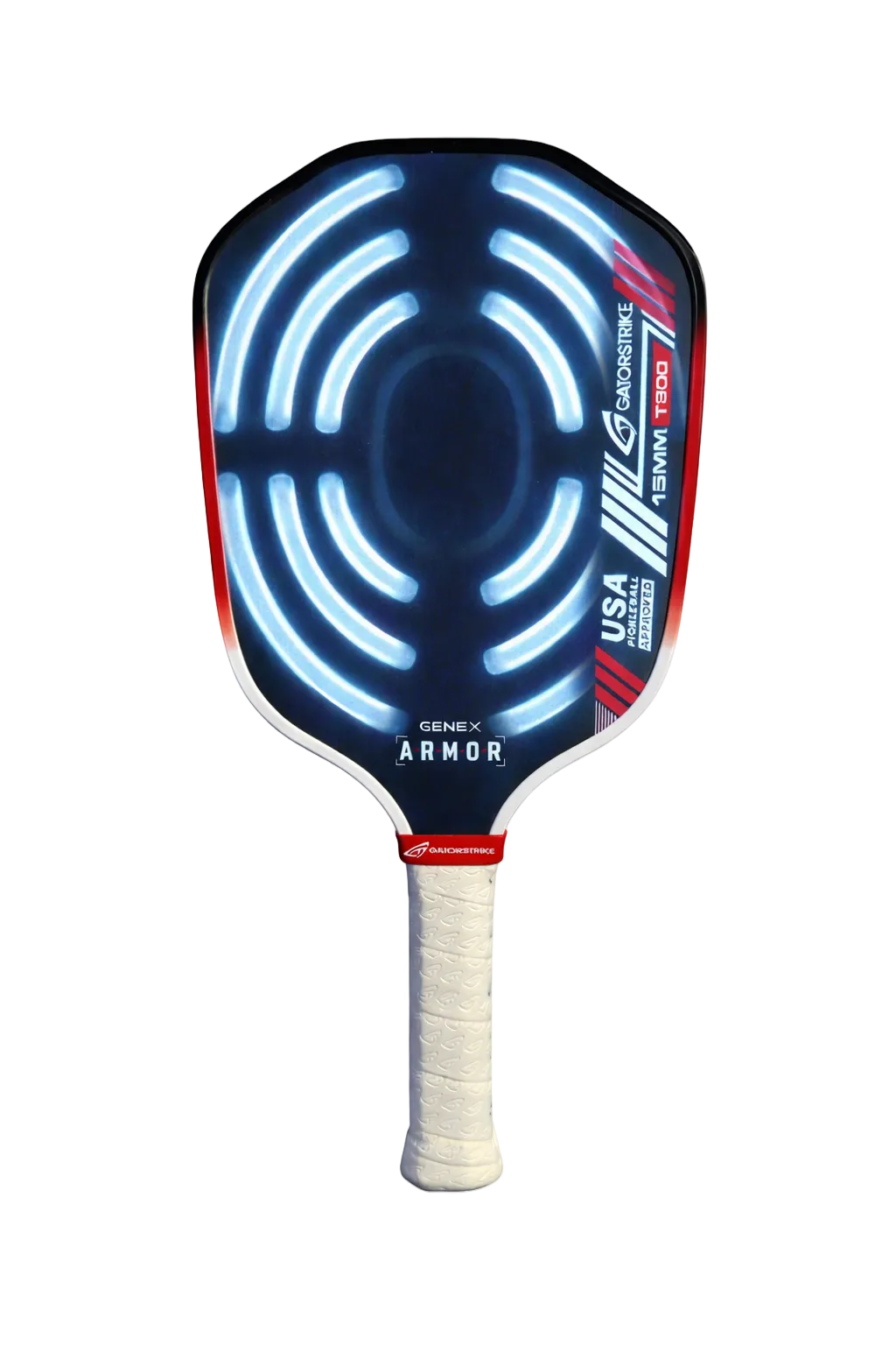 A pickleball paddle with a white grip, black and red edges, and blue glowing concentric circles on the face. The paddle has logos, including GENEX ARMOR and USA. The design appears modern and high-tech.