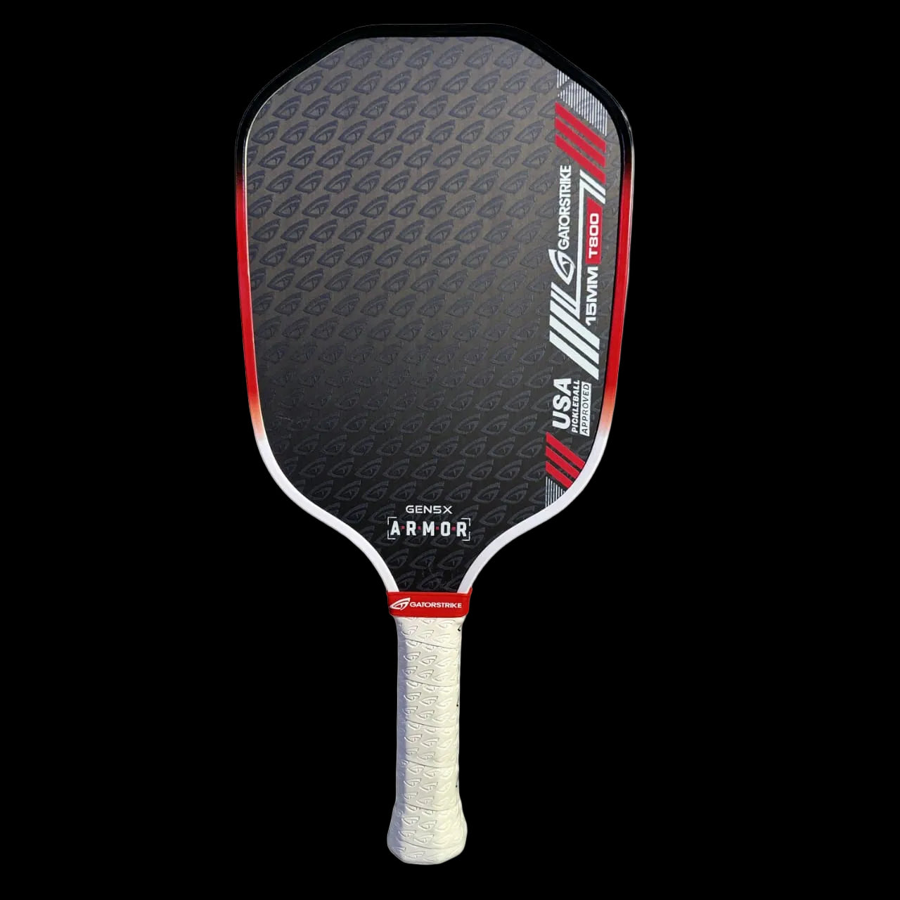 A pickleball paddle with a black and gray face featuring a repeating logo pattern, red and white accents along the edge, and a white perforated grip. Branding and text, including GEN 5x ARMOR and USA PICKLEBALL APPROVED, appear on the face.