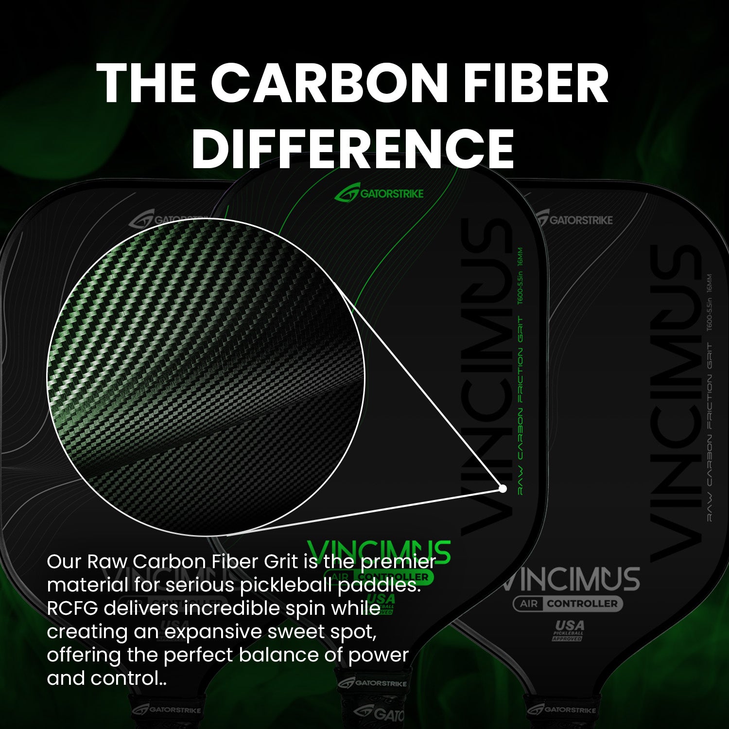 A close-up of a carbon fiber paddle with text overlay. The text reads: “THE CARBON FIBER DIFFERENCE” and describes the raw carbon fiber materials benefits, including excellent spin, sweet spot, power, and control, used in Gatorstrike VINCIMUS pickleball paddles.