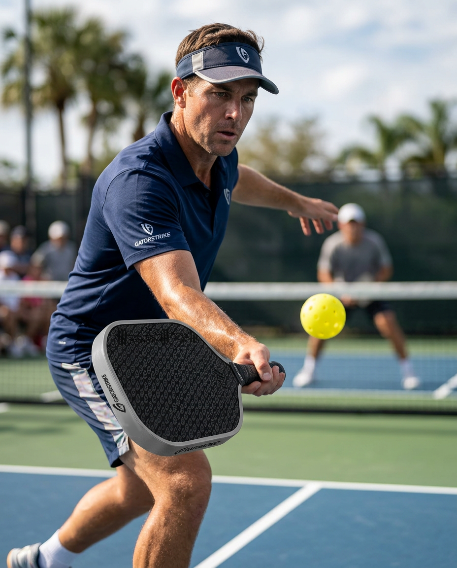 A man in a navy outfit plays pickleball, following official pickleball rules as he hits a yellow ball on an outdoor court.