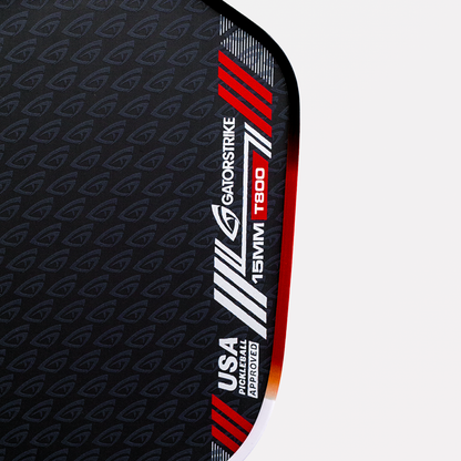 Close-up of a black pickleball paddle designed for competitive players, featuring GatorStrike 15MM T800 USA Pickleball Approved.