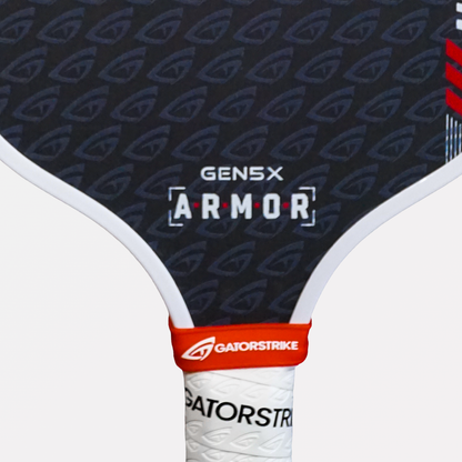 Close-up of a GEN5X ARMOR pickleball paddle, designed for competitive players and aggressive drives, with a red accent.