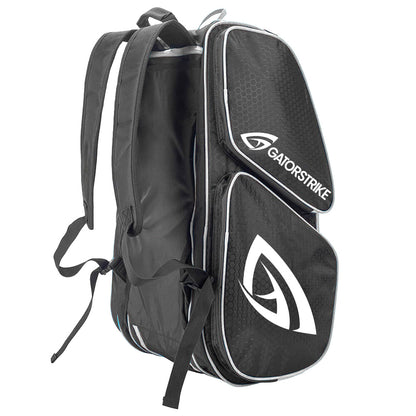 The black GATORSTRIKE sports backpack features a hexagonal pattern, fits wide-body or elongated paddles, has two large zippered compartments, padded shoulder straps, white trim, and bold white GATORSTRIKE logos.