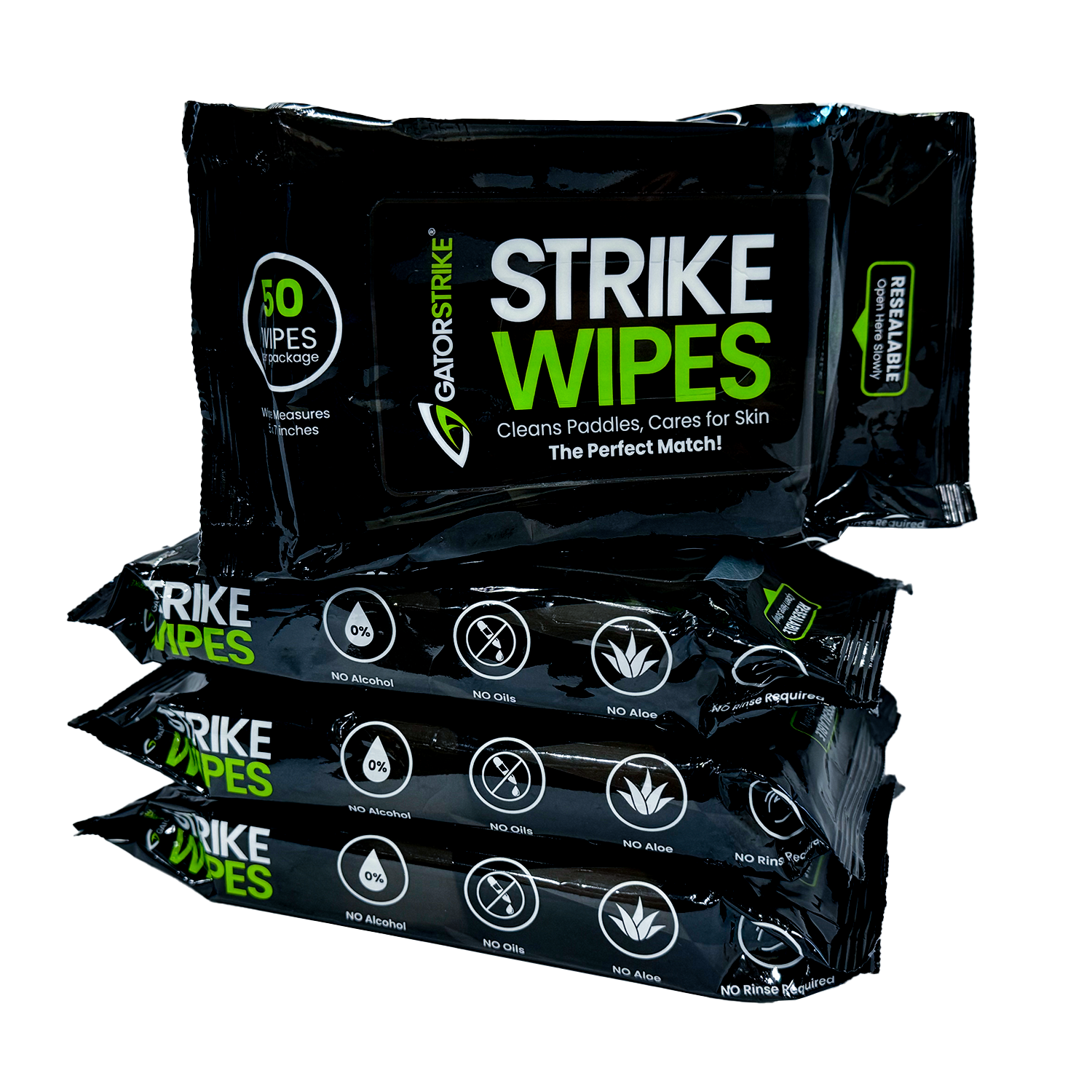 A stack of four black GATORSTRIKE Strike Wipes resealable packs, each with 50 non-toxic, alcohol-free wipes. Cleans paddles, gentle on skin, no oils or aloe, and requires no rinsing.