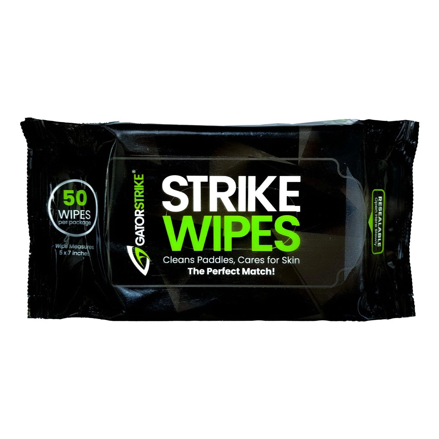 A black pack of GATORSTRIKE Strike Wipes (50 count, 5.9 x 7 in) for paddle cleaning. Non-toxic and alcohol-free to care for your skin—“The Perfect Match!” Green and white branding stands out on the pack.