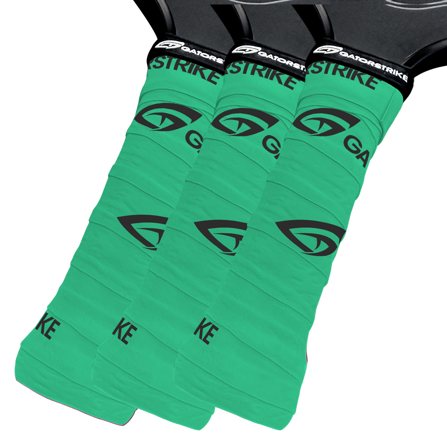 Three green GATORSTRIKE overgrips, each showing the Gator logo and “GATOR STRIKE” in black, are wrapped on racket or paddle handles. The grips offer a secure hold with a smooth, padded texture and are displayed on a white background.