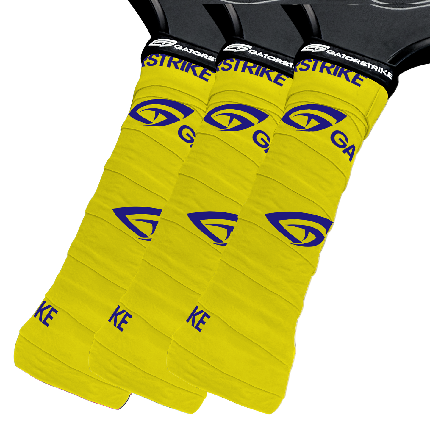 Three overlapping yellow GATORSTRIKE sports paddle overgrips with a blue alligator-eye logo and black tops displaying the white GATORSTRIKE label, designed for a secure hold, are shown against a white background.