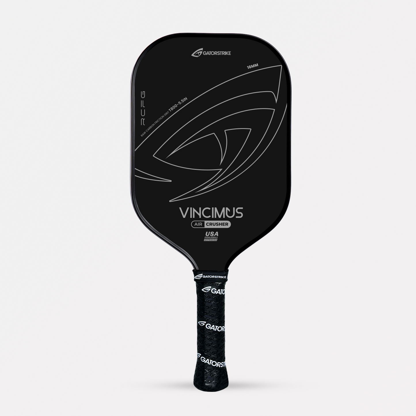Black GatorStrike Vincimus pickleball paddle with explosive pop, bold silver logo, and patterned handle on a white background.