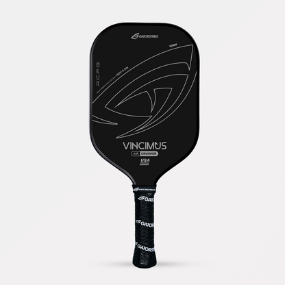 Black GatorStrike Vincimus pickleball paddle with explosive pop, bold silver logo, and patterned handle on a white background.