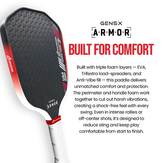 A close-up of a GATORSTRIKE GEN5X Armor pickleball paddle showcases its black and red face, branding, and red BUILT FOR COMFORT text, highlighting foam layers, shock reduction, ergonomic handle, plus superior control and stability.