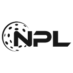 The image shows a black logo with the letters NPL. The N is stylized as part of a floorball containing small holes, representing a floorball sport theme. The background is light gray.