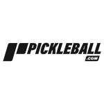Black text logo on a white background. The word “PICKLEBALL” is written in bold, italic capital letters. To the left are two black parallelogram shapes, and below the last letters, the smaller text “.COM” appears in a black box.