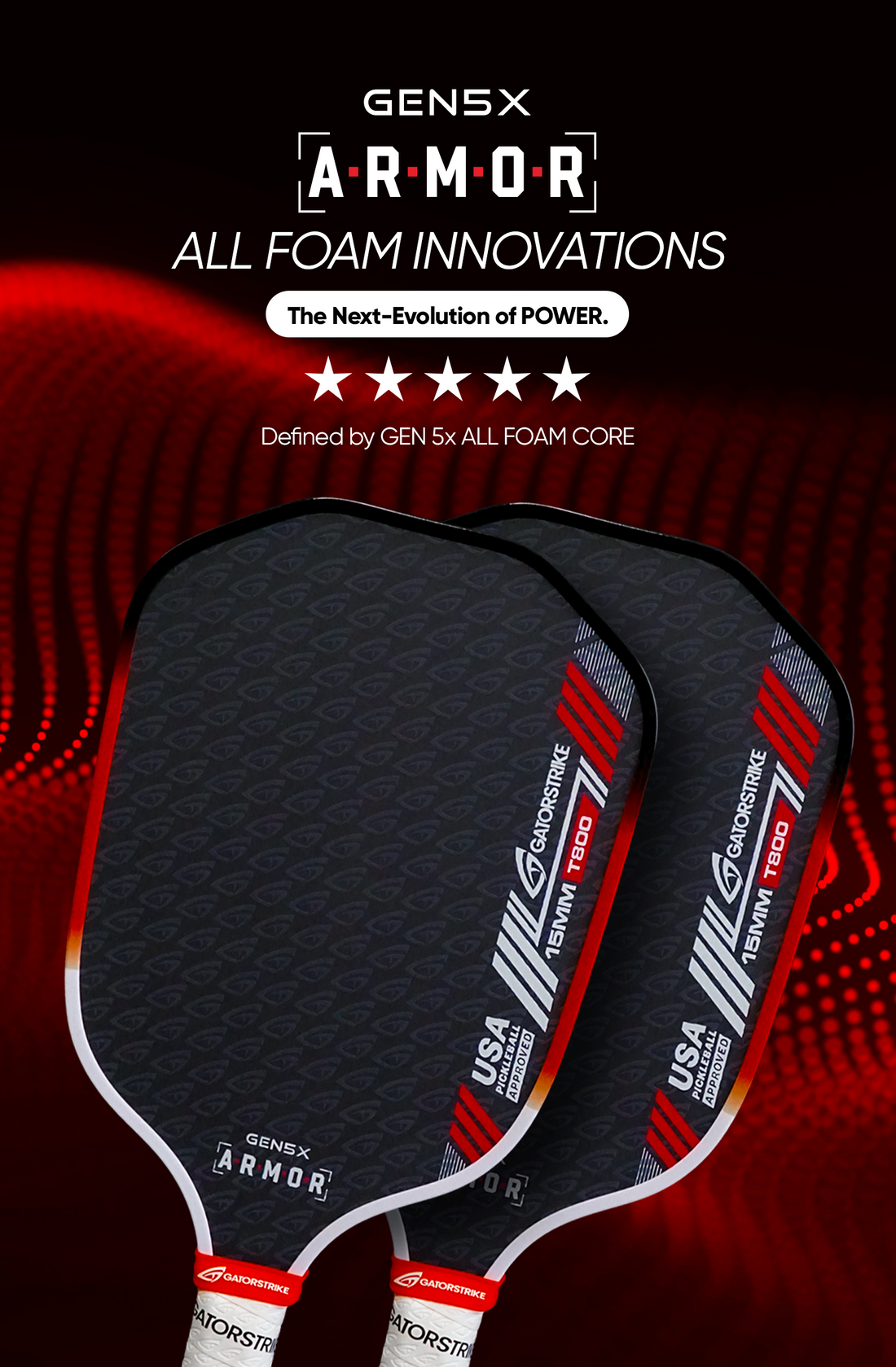 Two black GEN5X Armor pickleball paddles with red accents, set against a bold, wavy digital background and official pickleball rules.