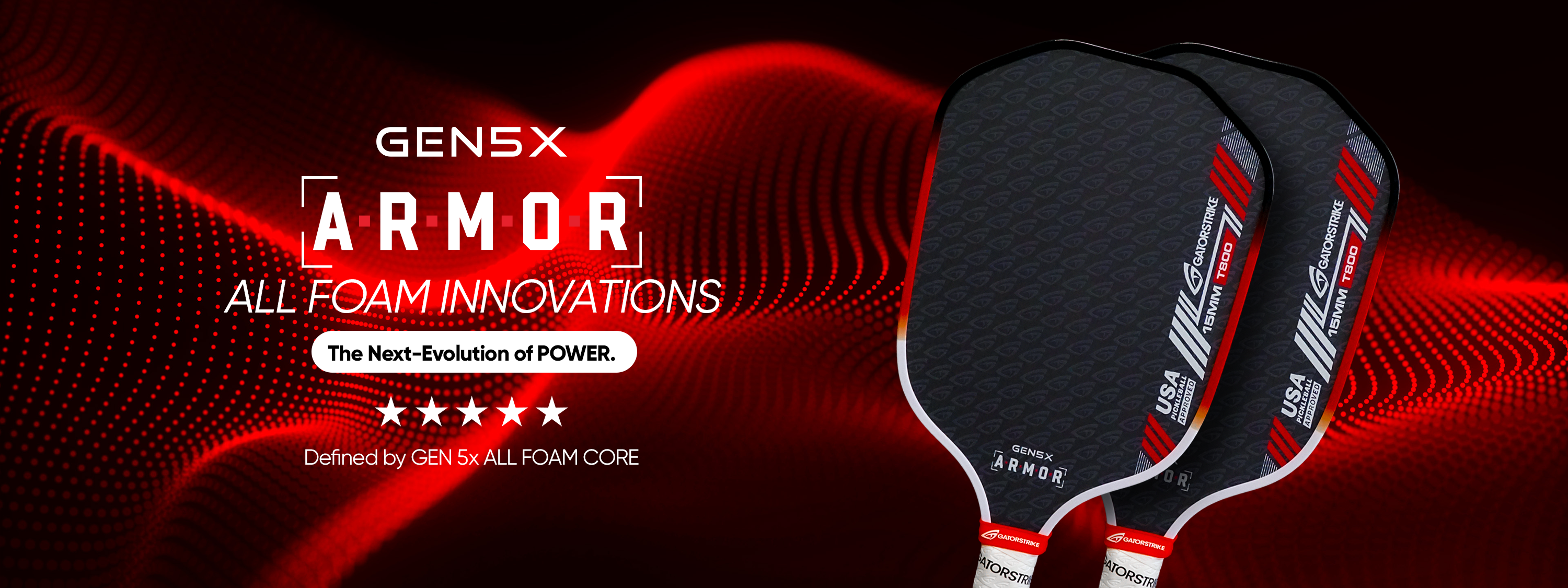 Two black pickleball paddles with red, white, and gray accents are shown on a dynamic red and black background. White text reads “GENSX ARMOR ALL FOAM INNOVATIONS,” with details about power, star ratings, and mentions of “ALL FOAM CORE.”.