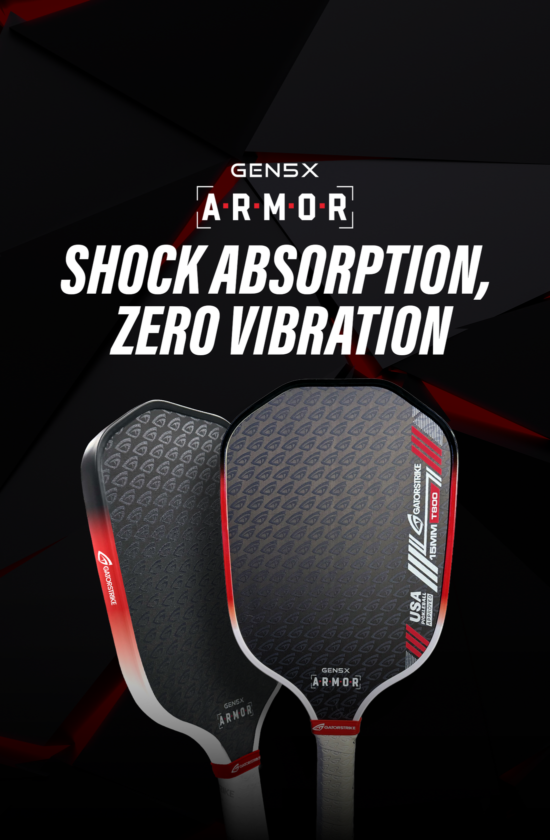 Two black pickleball paddles with textured surfaces under bold text: Shock Absorption, Zero Vibration. Includes pickleball rulebook.