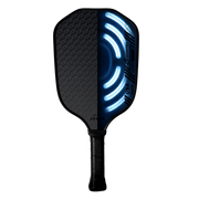 A pickleball paddle with a black textured face and a glowing blue LED light strip on the right side, shown against a solid white background.