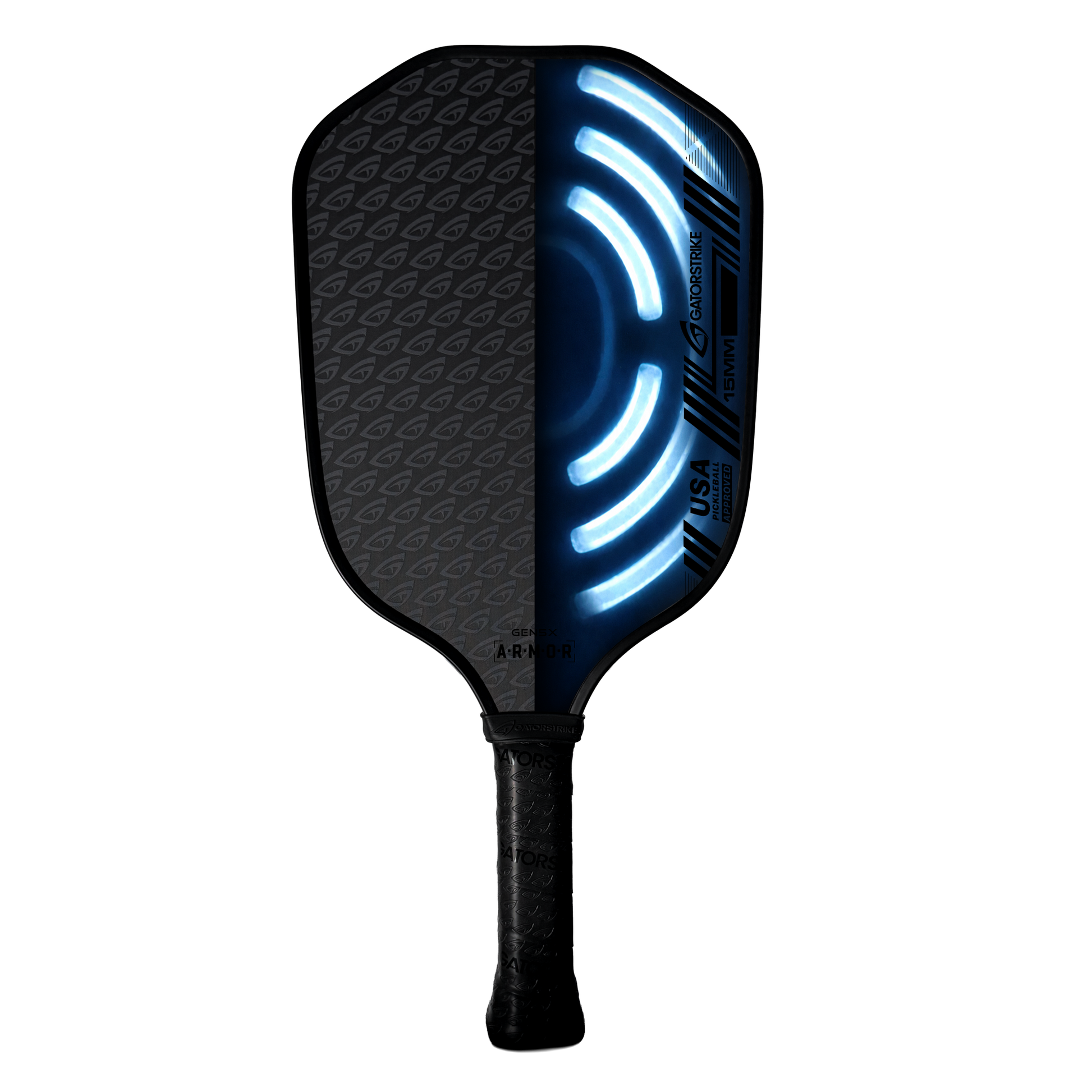 A pickleball paddle with a black textured face and a glowing blue LED light strip on the right side, shown against a solid white background.
