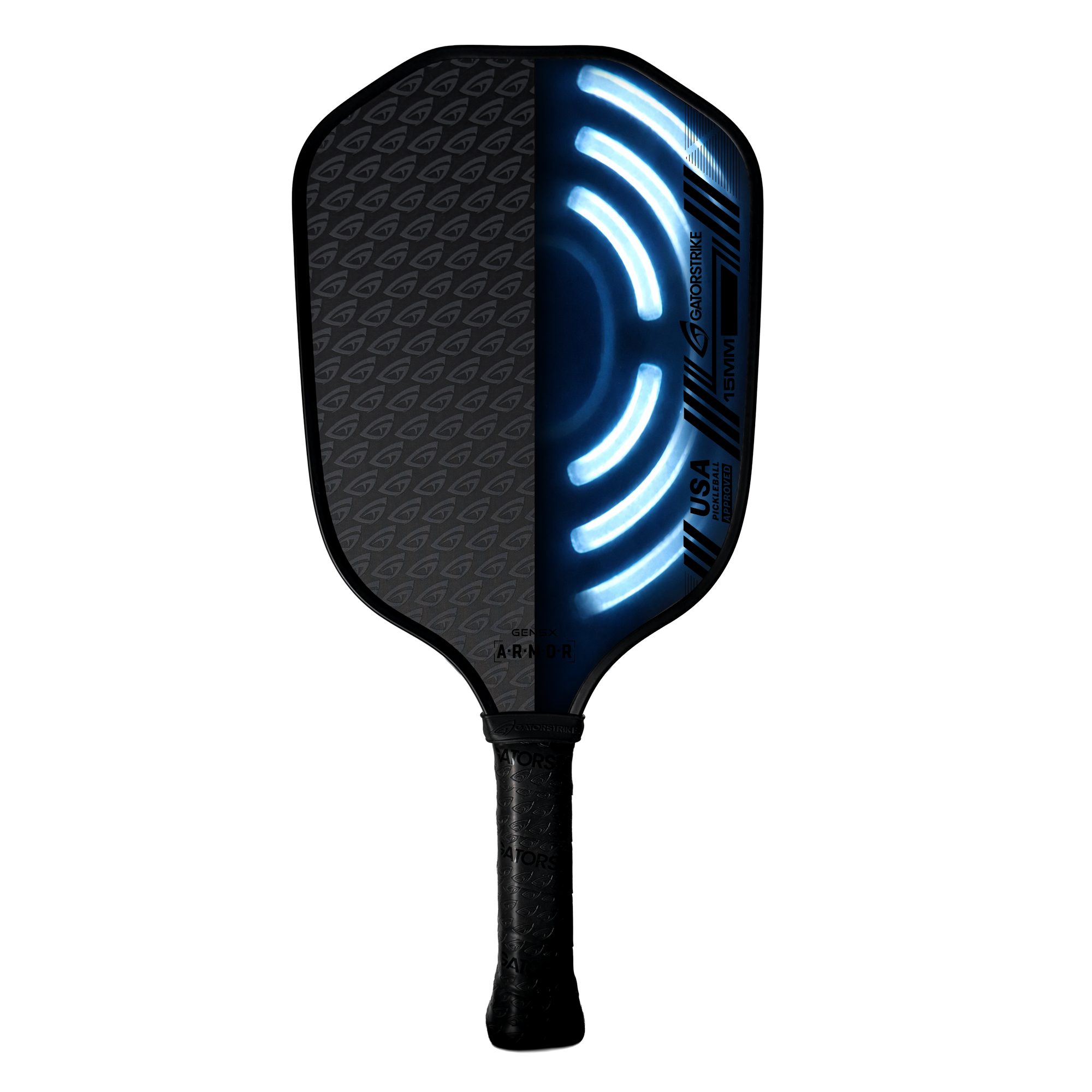 A pickleball paddle with a black textured face and a glowing blue LED light strip on the right side, shown against a solid white background.