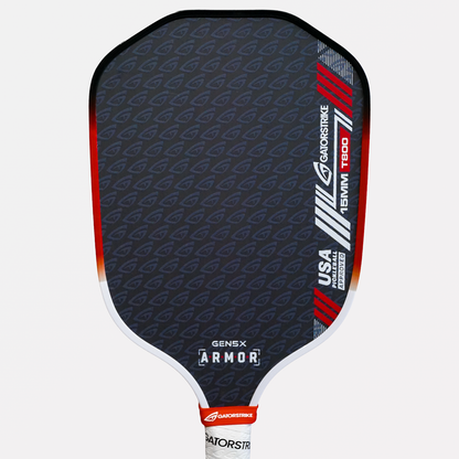 Close-up of a black Gatorstrike pickleball paddle with red accents, built for competitive players and aggressive drives.