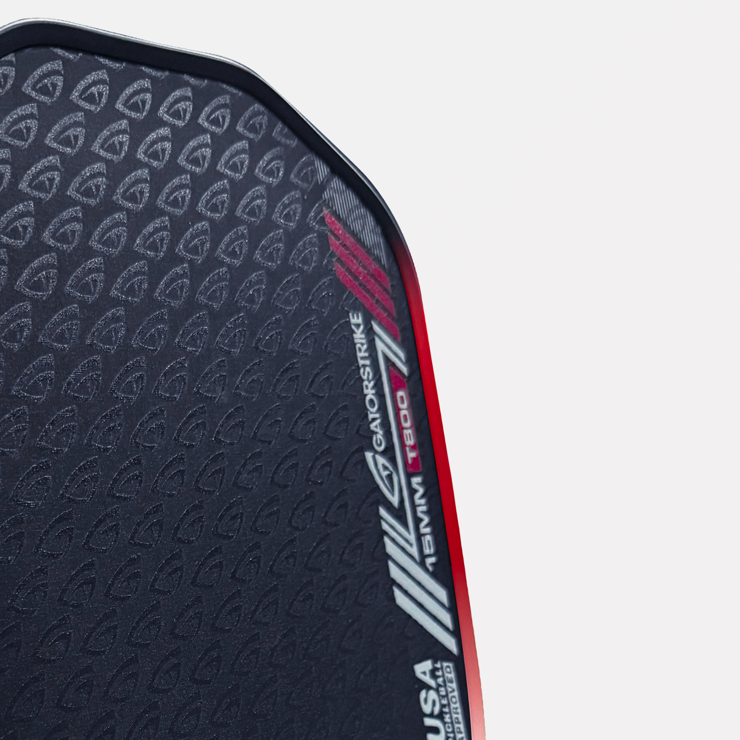 Close-up of a black and red textured shield labeled GAIORSTRIKE MILC 15MM T800 USA, ideal for aggressive drives.