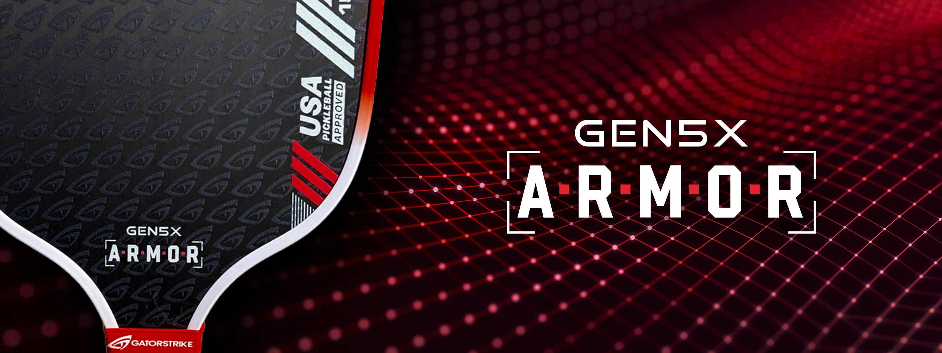 Close-up of a black textured GatorStrike pickleball manual with USA Approved text, next to GENS X ARMOR on red grid.