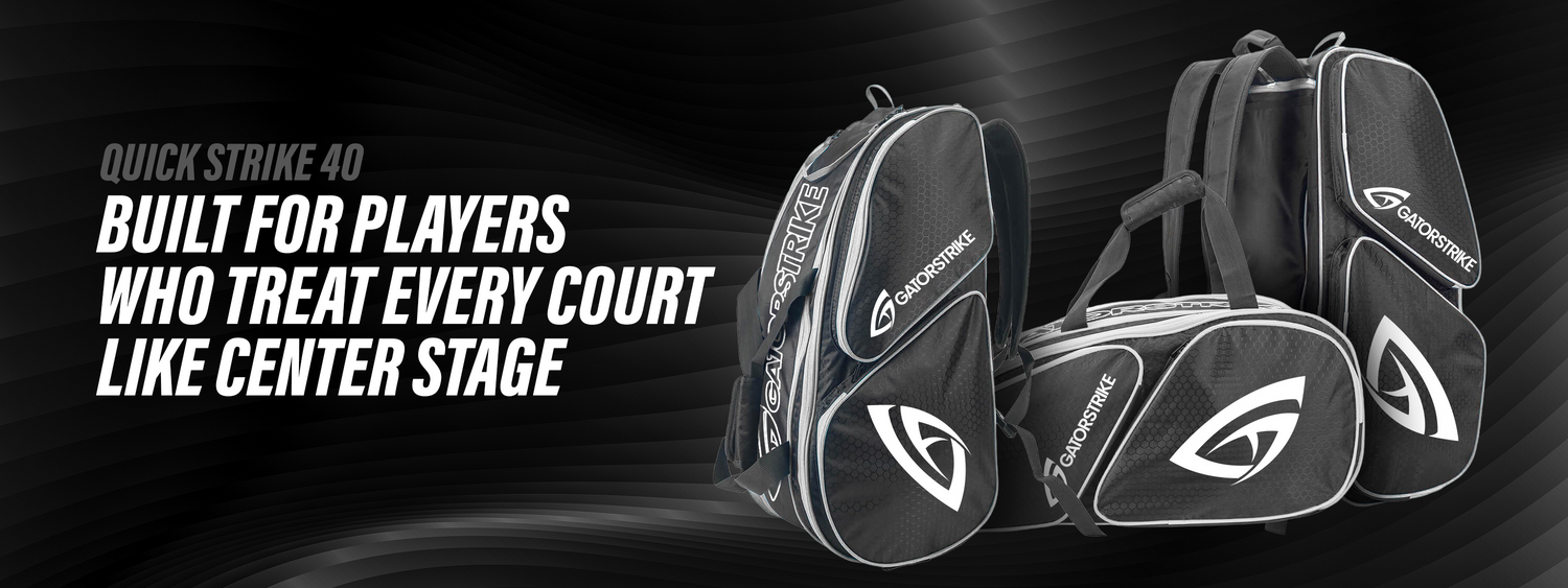 Three black and gray sports bags with GAMMA logo, featuring the GatorStrike pickleball manual for passionate players.