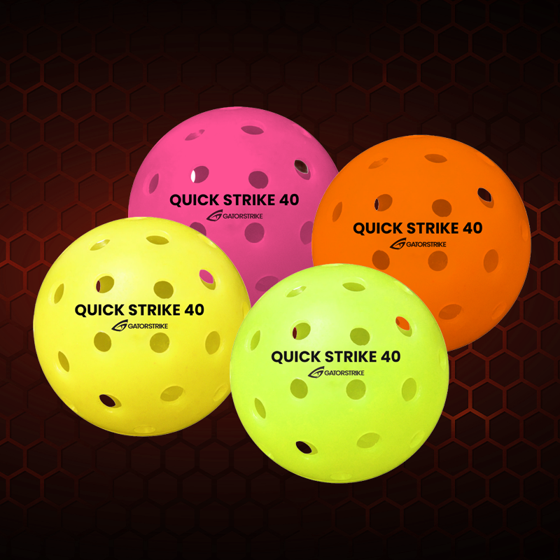 Four perforated balls in pink, orange, and yellow on a dark hexagonal background; see official pickleball rules for details.