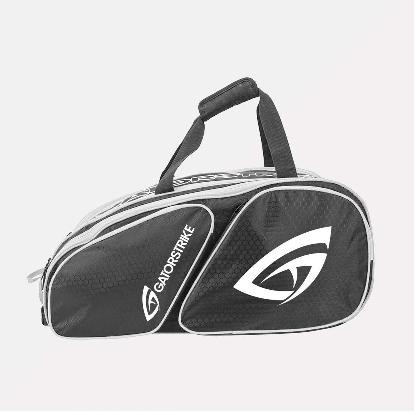 Black and white GavoStrike sports duffel bag with a large logo, sturdy handles, and official pickleball rules print.