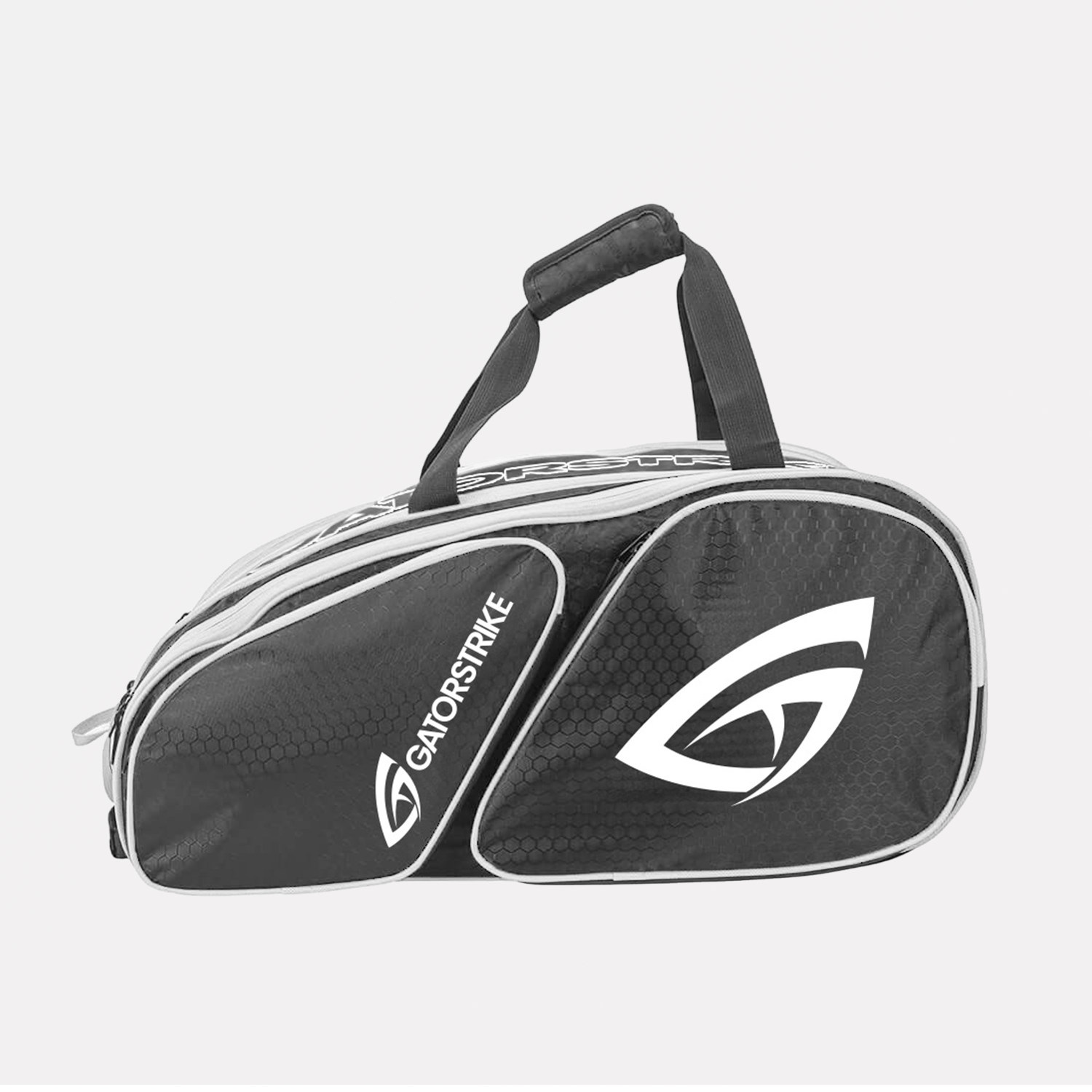 Black and white GavoStrike sports duffel bag with a large logo, sturdy handles, and official pickleball rules print.
