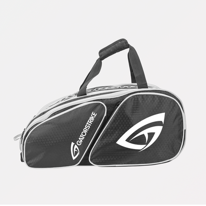 Black and white GavoStrike sports duffel bag with a large logo, sturdy handles, and official pickleball rules print.