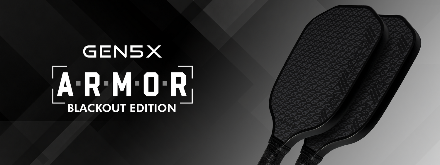 Two black GEN5X Armor Blackout Edition paddles with bold product text and a pickleball rules manual on a geometric background.