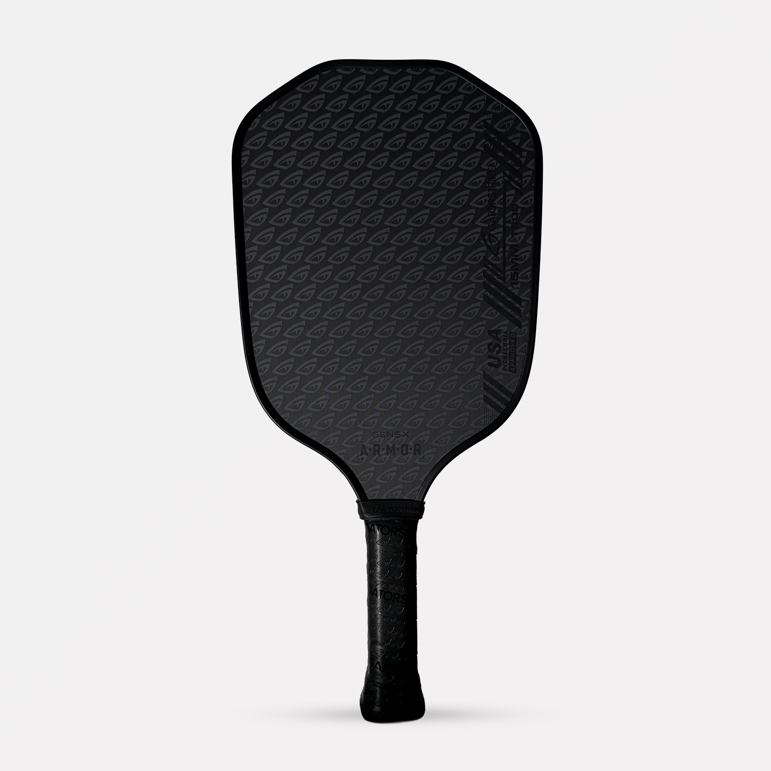 A blackout-style GatorStrike A.R.M.O.R Gen 5x pickleball paddle with stealth matte finish and white grip, built for power and control.