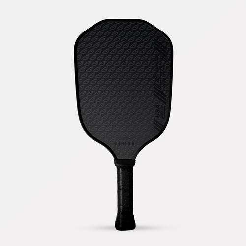 A blackout-style GatorStrike A.R.M.O.R Gen 5x pickleball paddle with stealth matte finish and white grip, built for power and control.