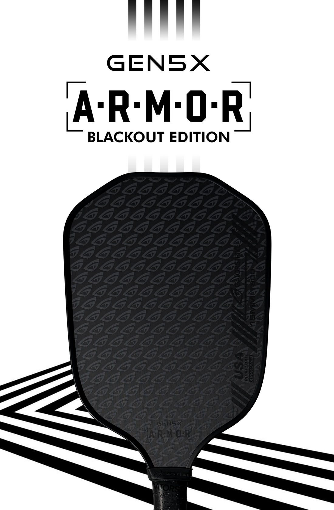 Black pickleball paddle with subtle geometric pattern; text reads GEN5X ARMOR BLACKOUT EDITION and official pickleball rules displayed.