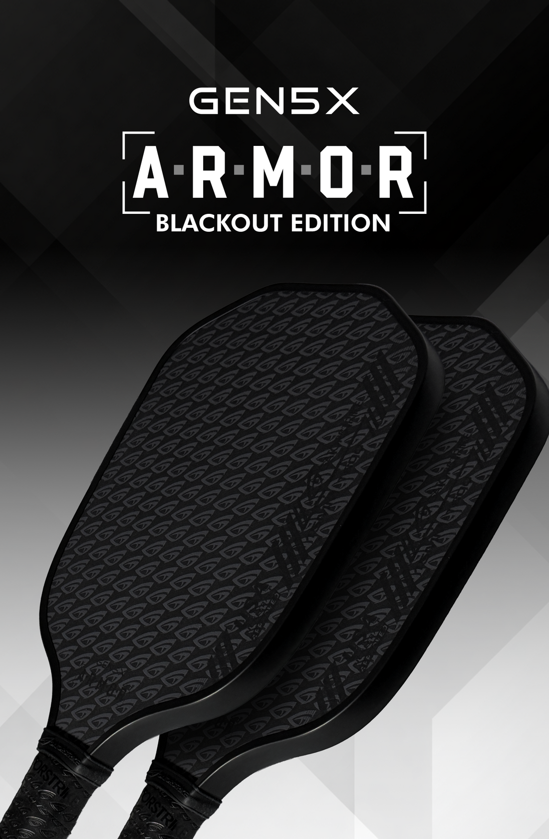 Two matte black pickleball paddles labeled GEN5X ARMOR BLACKOUT EDITION, inspired by the official pickleball rules.