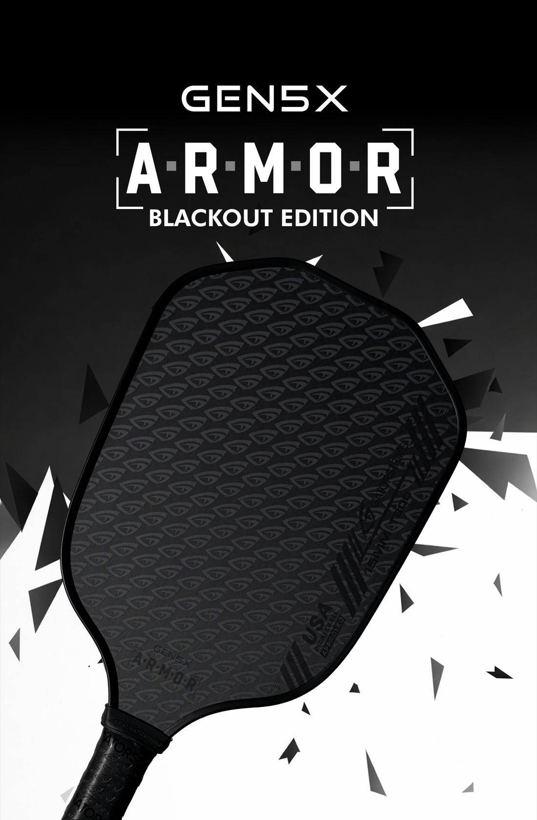 Black GatorStrike pickleball manual paddle with Gen5X ARMOR Blackout Edition text and abstract white shards in the background.