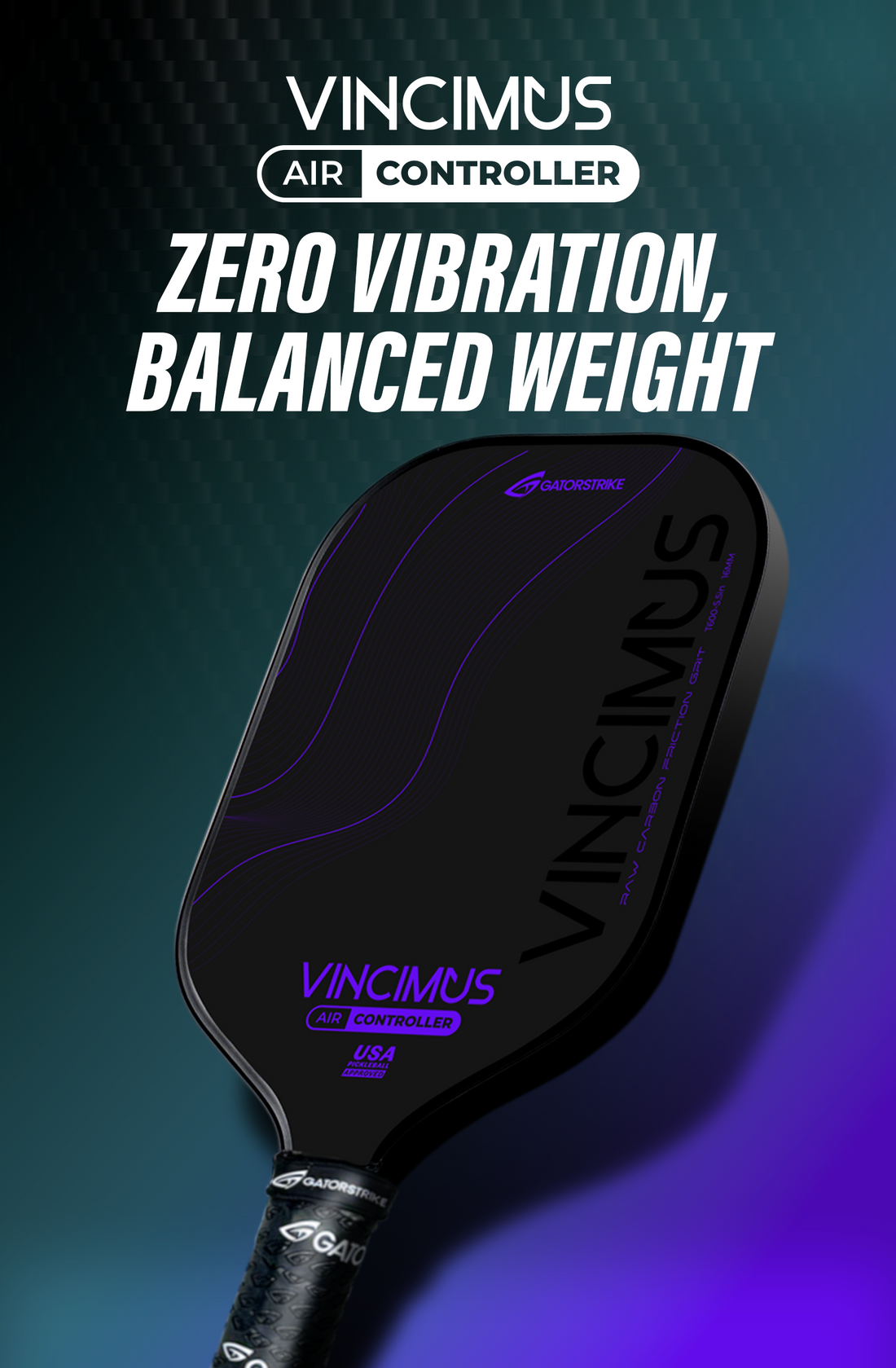 Black Vincimus Air Controller pickleball paddle with purple details, text reads: Zero Vibration, Balanced Weight—see official pickleball rules.