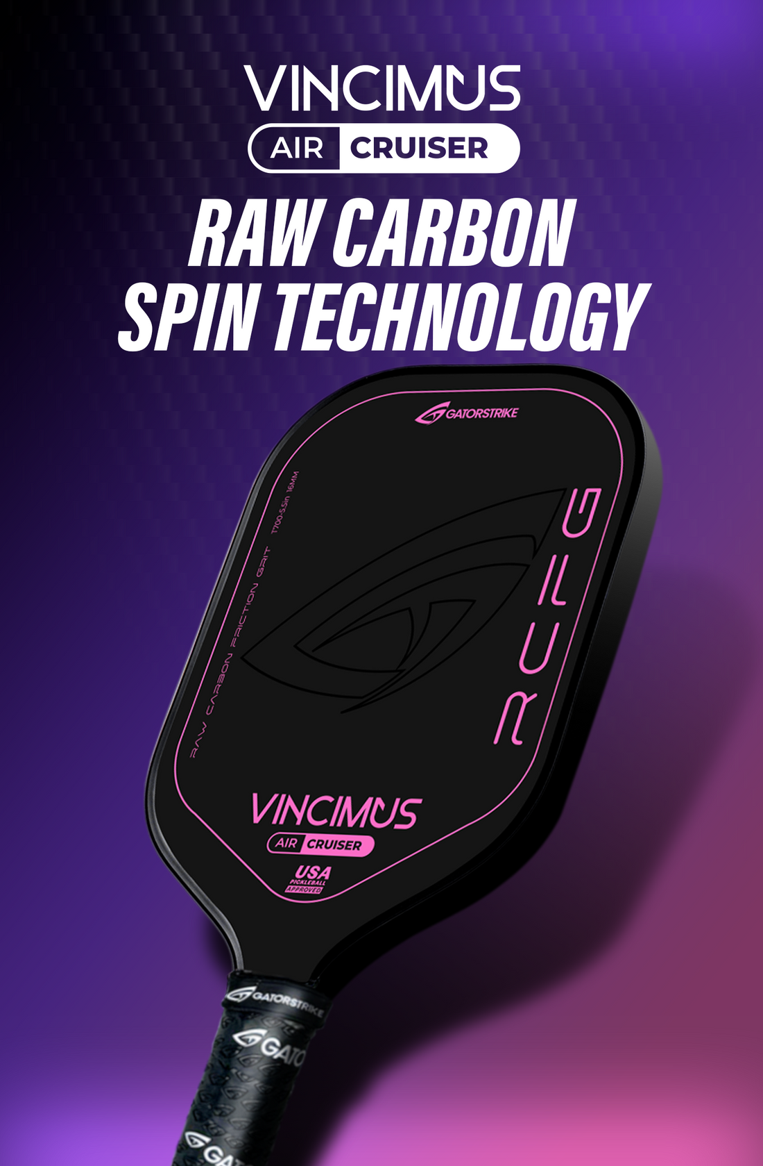 A black and pink VINCIMUS AIR CRUISER pickleball paddle with "Raw Carbon Spin Technology" and official pickleball rules above it.