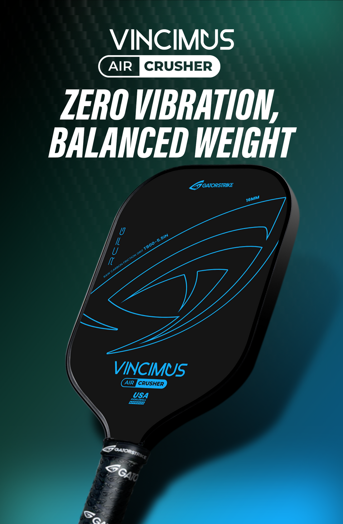 Black Vincimus Air Crusher with blue accents on teal gradient, following official pickleball rules for zero vibration and balanced weight.