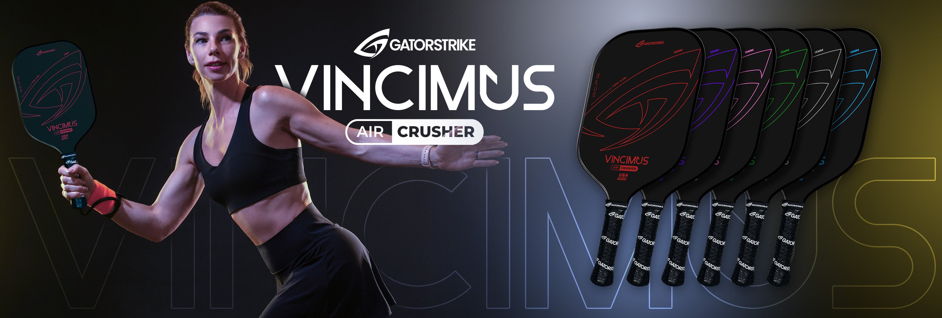 A woman in athletic wear swings a pickleball paddle. To her right, seven colorful VINCIMUS AIR CRUSHER paddles are displayed in a row. The Gatorstrike logo and the word “VINCIMUS” are prominently shown on a bold background.