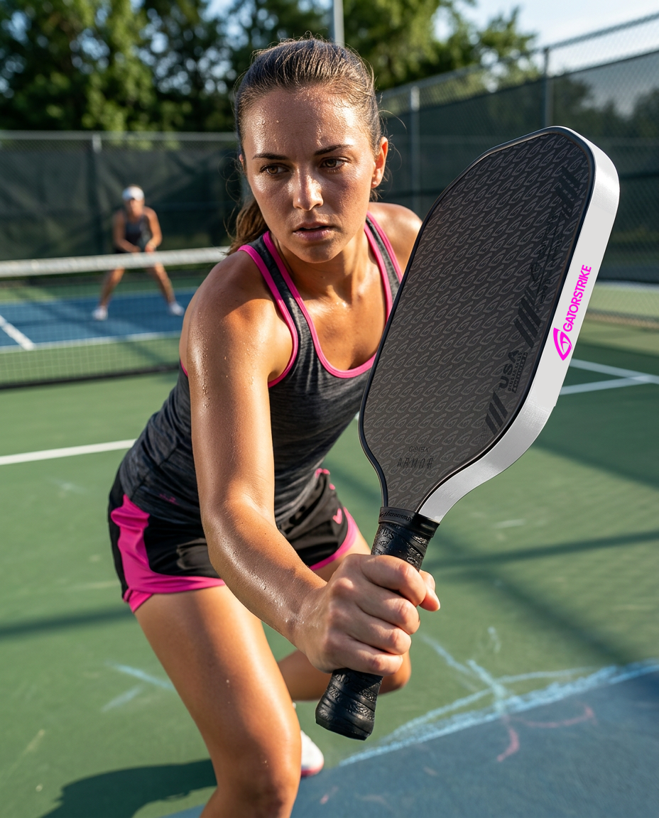 Young woman in athletic wear lunges with a pickleball paddle, focused and determined to master official pickleball rules.