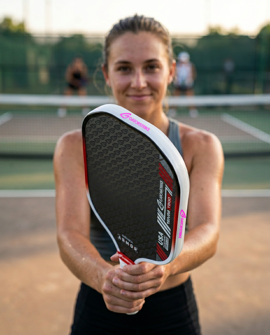 Woman holding a pickleball paddle and GatorStrike pickleball manual, smiling on an outdoor court with blurred nets in the background.