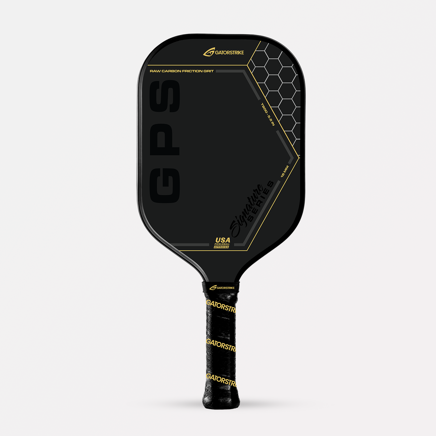 A black GOLD PRO SERIES T800 pickleball paddle with hexagon patterns, “GPS” text, and yellow accents; GatorStrike branding.