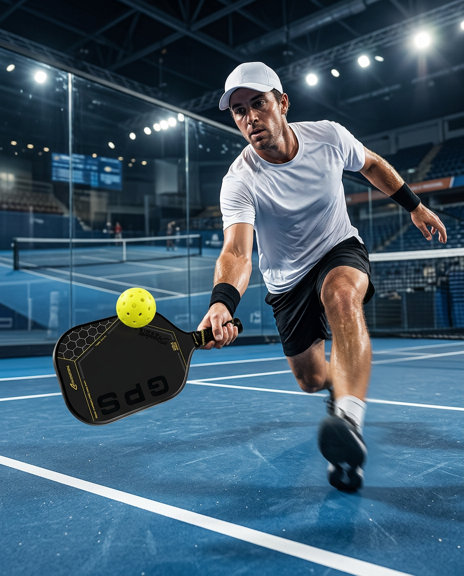 A man in sportswear lunges to hit a pickleball with a paddle, following the GatorStrike pickleball manual on an indoor court.